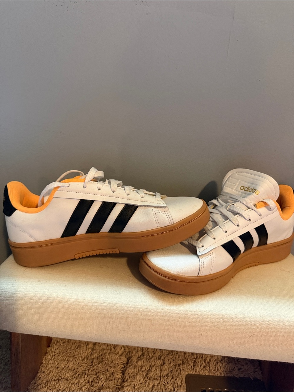 adidas White Sneakers with Black Stripes and Gum Sole